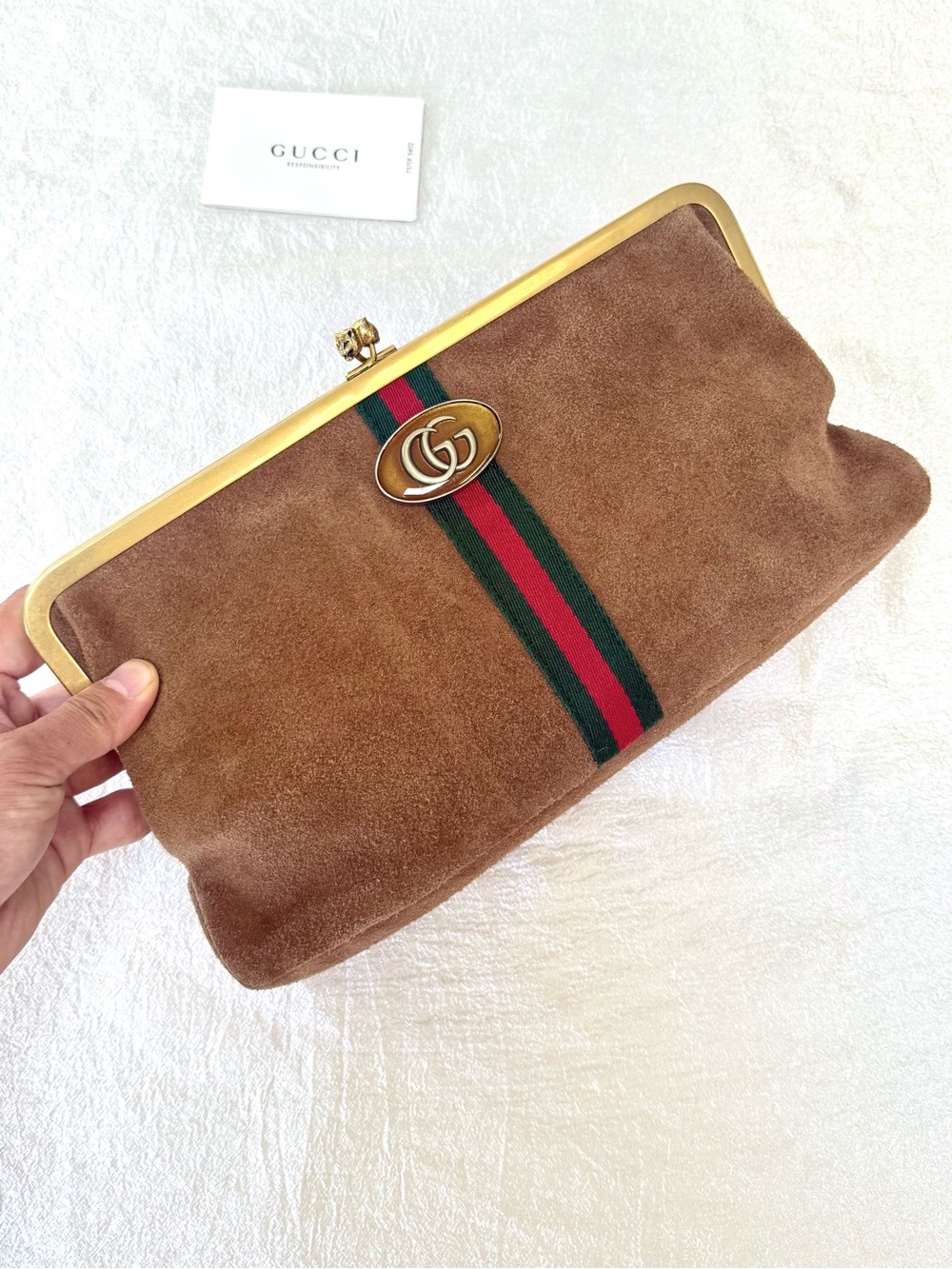 •••SOLD•••Auth Gucci Ophidia Kisslock Frame Clutch Suede Medium In Brown - Picture 5 of 17